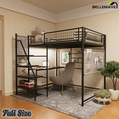 Bellemave® Full Size Loft Bed with Desk, Metal Loft Beds with LED Lights & Charging Station, Heavy Duty Metal Loft Bed Frame with Shelves, Safety Guard & Storage Stairs, No Box Spring Needed (Black) - Bellemave