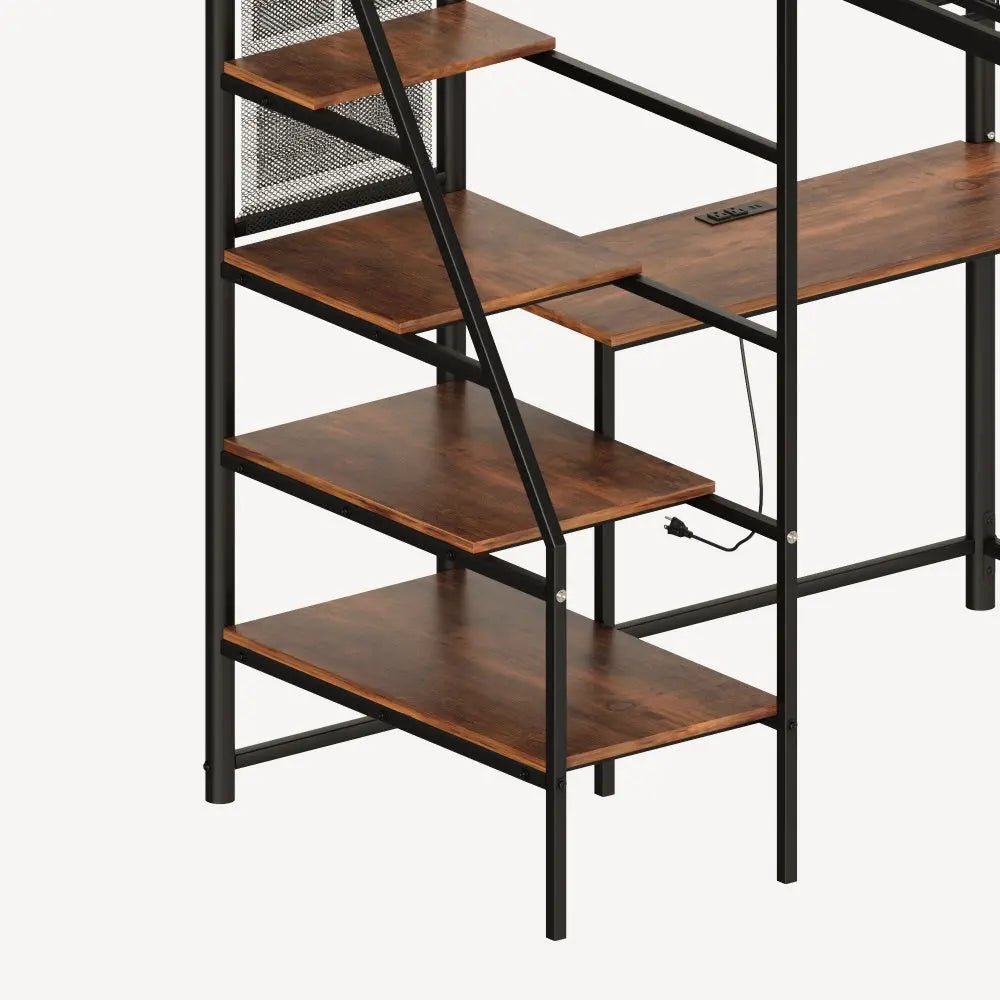 Bellemave® Full Size Loft Bed with Desk, Metal Loft Beds with LED Lights & Charging Station, Heavy Duty Metal Loft Bed Frame with Shelves, Safety Guard & Storage Stairs, No Box Spring Needed (Black) - Bellemave