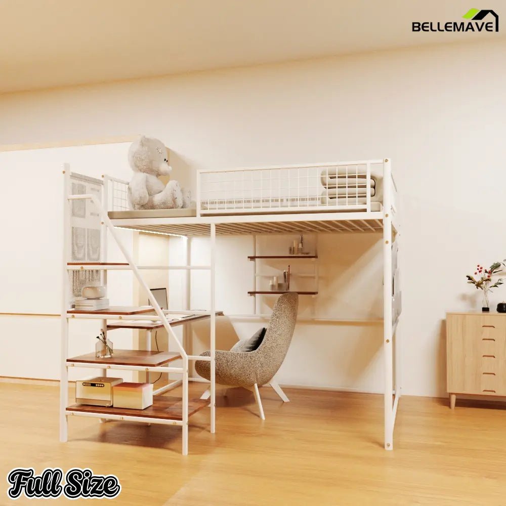 Bellemave® Full Size Loft Bed with Desk, Metal Loft Beds with LED Lights & Charging Station, Heavy Duty Metal Loft Bed Frame with Shelves, Safety Guard & Storage Stairs, No Box Spring Needed (Black) - Bellemave