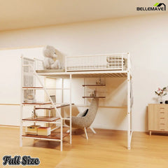 Bellemave® Full Size Loft Bed with Desk, Metal Loft Beds with LED Lights & Charging Station, Heavy Duty Metal Loft Bed Frame with Shelves, Safety Guard & Storage Stairs, No Box Spring Needed (Black) - Bellemave