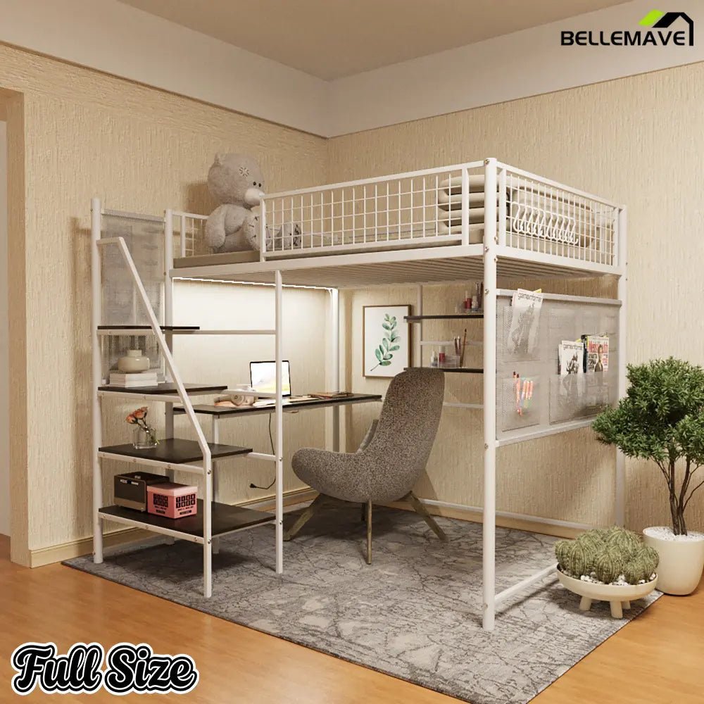 Bellemave® Full Size Loft Bed with Desk, Metal Loft Beds with LED Lights & Charging Station, Heavy Duty Metal Loft Bed Frame with Shelves, Safety Guard & Storage Stairs, No Box Spring Needed (Black) - Bellemave