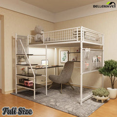 Bellemave® Full Size Loft Bed with Desk, Metal Loft Beds with LED Lights & Charging Station, Heavy Duty Metal Loft Bed Frame with Shelves, Safety Guard & Storage Stairs, No Box Spring Needed (Black) - Bellemave