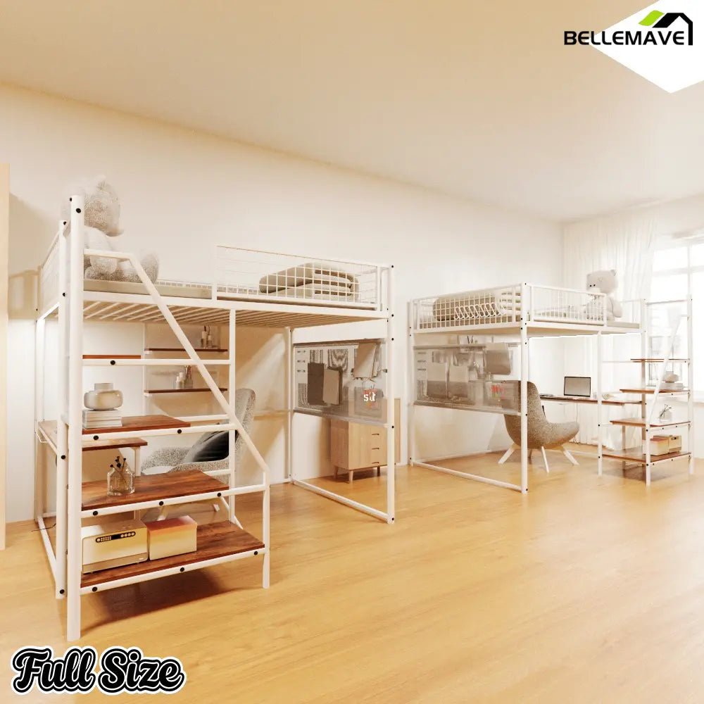 Bellemave® Full Size Loft Bed with Desk, Metal Loft Beds with LED Lights & Charging Station, Heavy Duty Metal Loft Bed Frame with Shelves, Safety Guard & Storage Stairs, No Box Spring Needed (Black) - Bellemave
