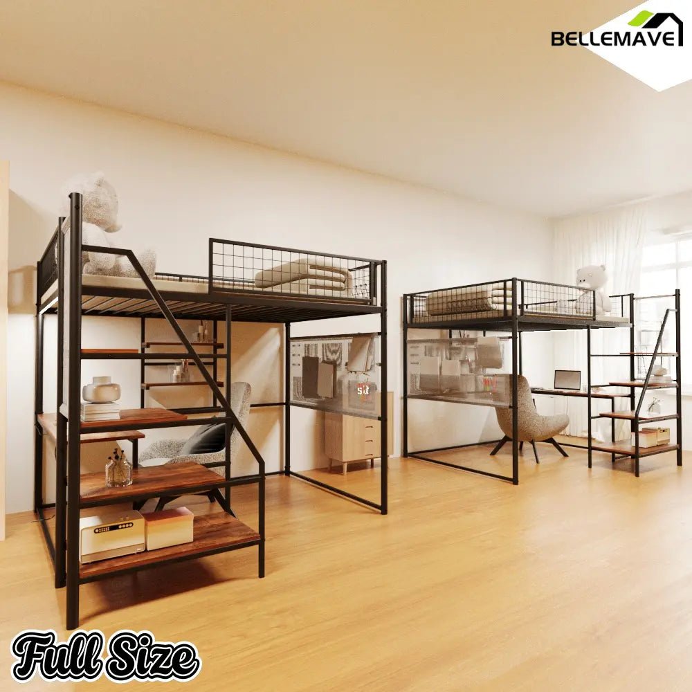 Bellemave® Full Size Loft Bed with Desk, Metal Loft Beds with LED Lights & Charging Station, Heavy Duty Metal Loft Bed Frame with Shelves, Safety Guard & Storage Stairs, No Box Spring Needed (Black) - Bellemave