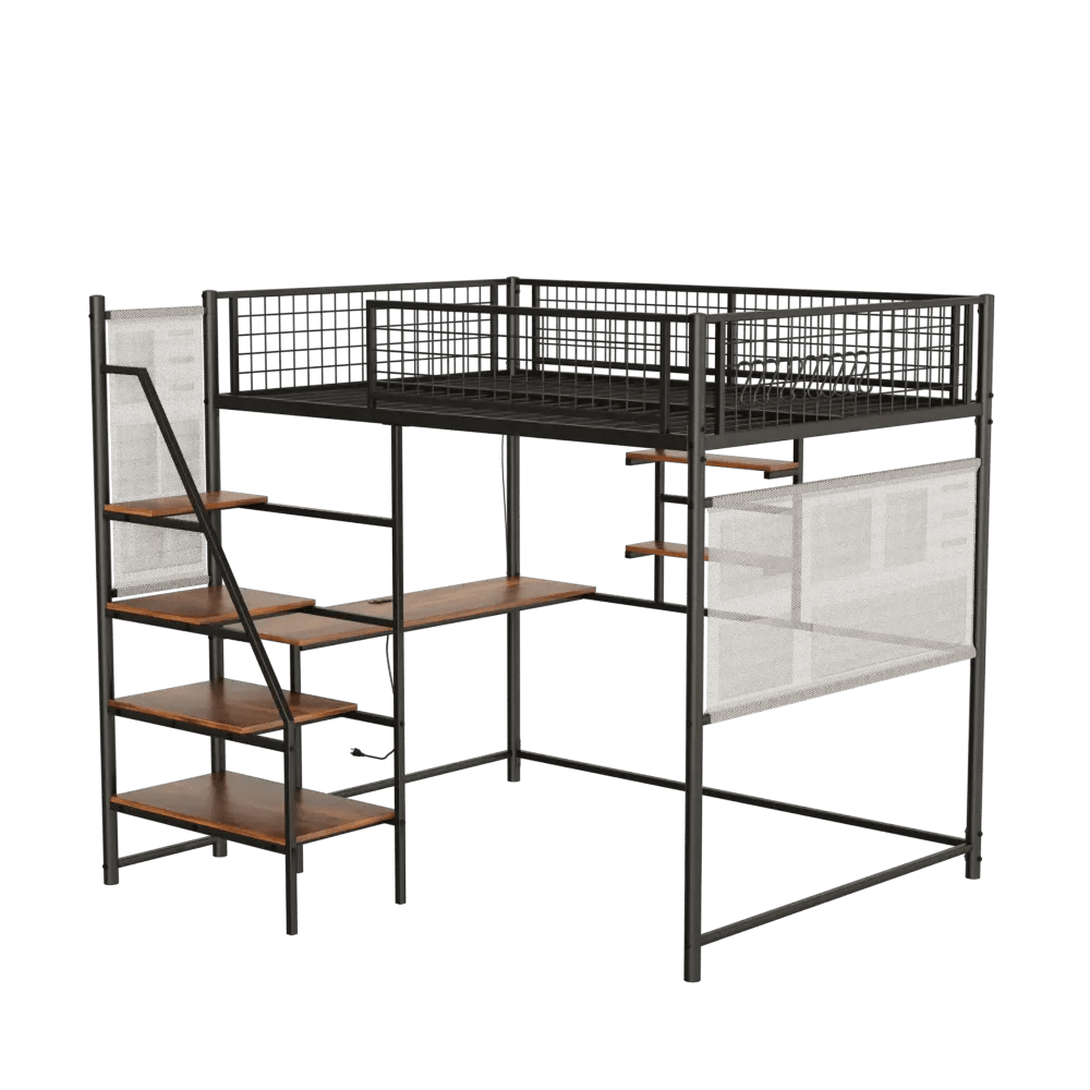 Bellemave® Full Size Loft Bed with Desk, Metal Loft Beds with LED Lights & Charging Station, Heavy Duty Metal Loft Bed Frame with Shelves, Safety Guard & Storage Stairs, No Box Spring Needed (Black) - Bellemave