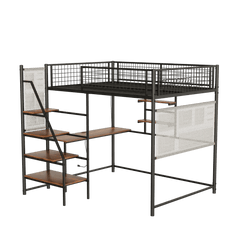 Bellemave® Full Size Loft Bed with Desk, Metal Loft Beds with LED Lights & Charging Station, Heavy Duty Metal Loft Bed Frame with Shelves, Safety Guard & Storage Stairs, No Box Spring Needed (Black) - Bellemave