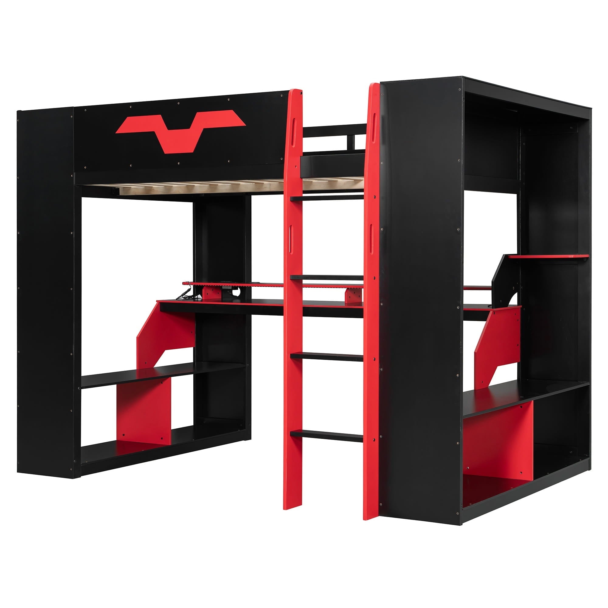 Bellemave® Full Size Loft Bed with Desk & Storage Shelves, Charging Station, RGB Lights & Cable Management, Space - Saving Wood Gaming Loft Bed, Noise - Free - Bellemave