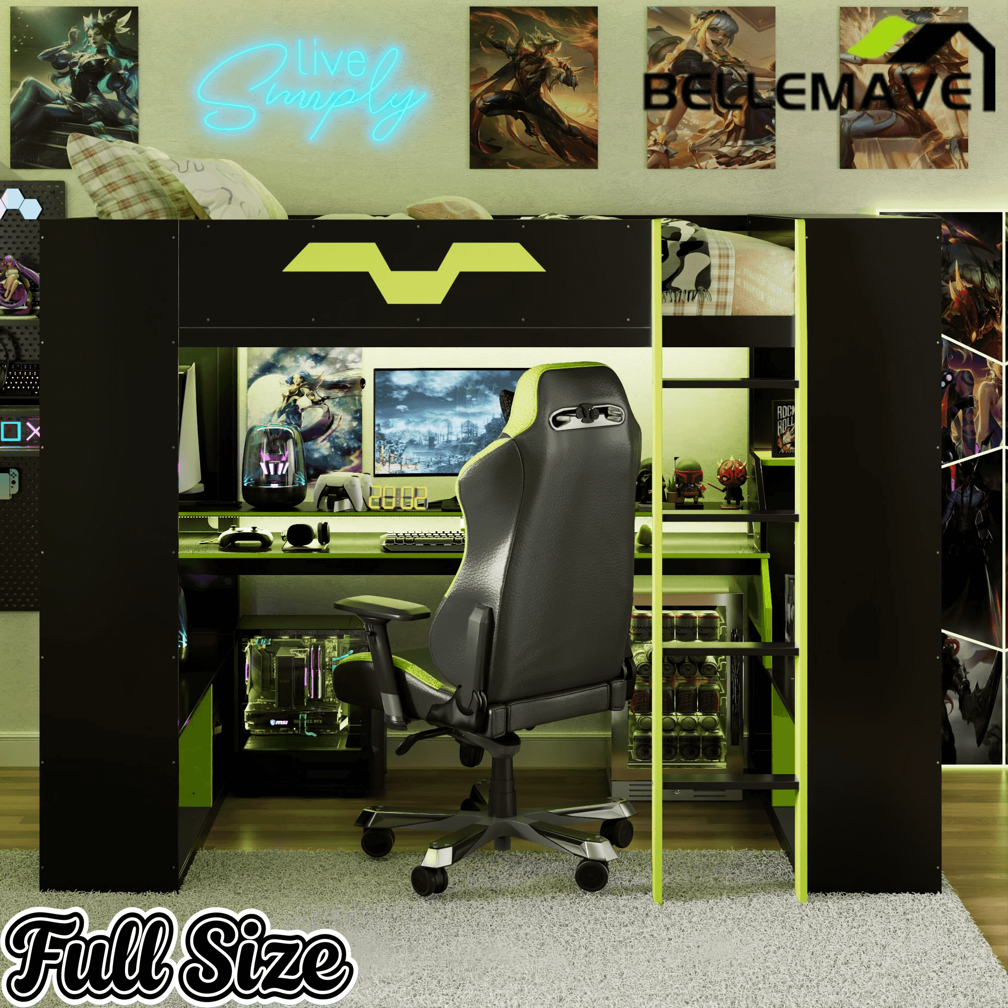 Bellemave® Full Size Loft Bed with Desk & Storage Shelves, Charging Station, RGB Lights & Cable Management, Space - Saving Wood Gaming Loft Bed, Noise - Free - Bellemave