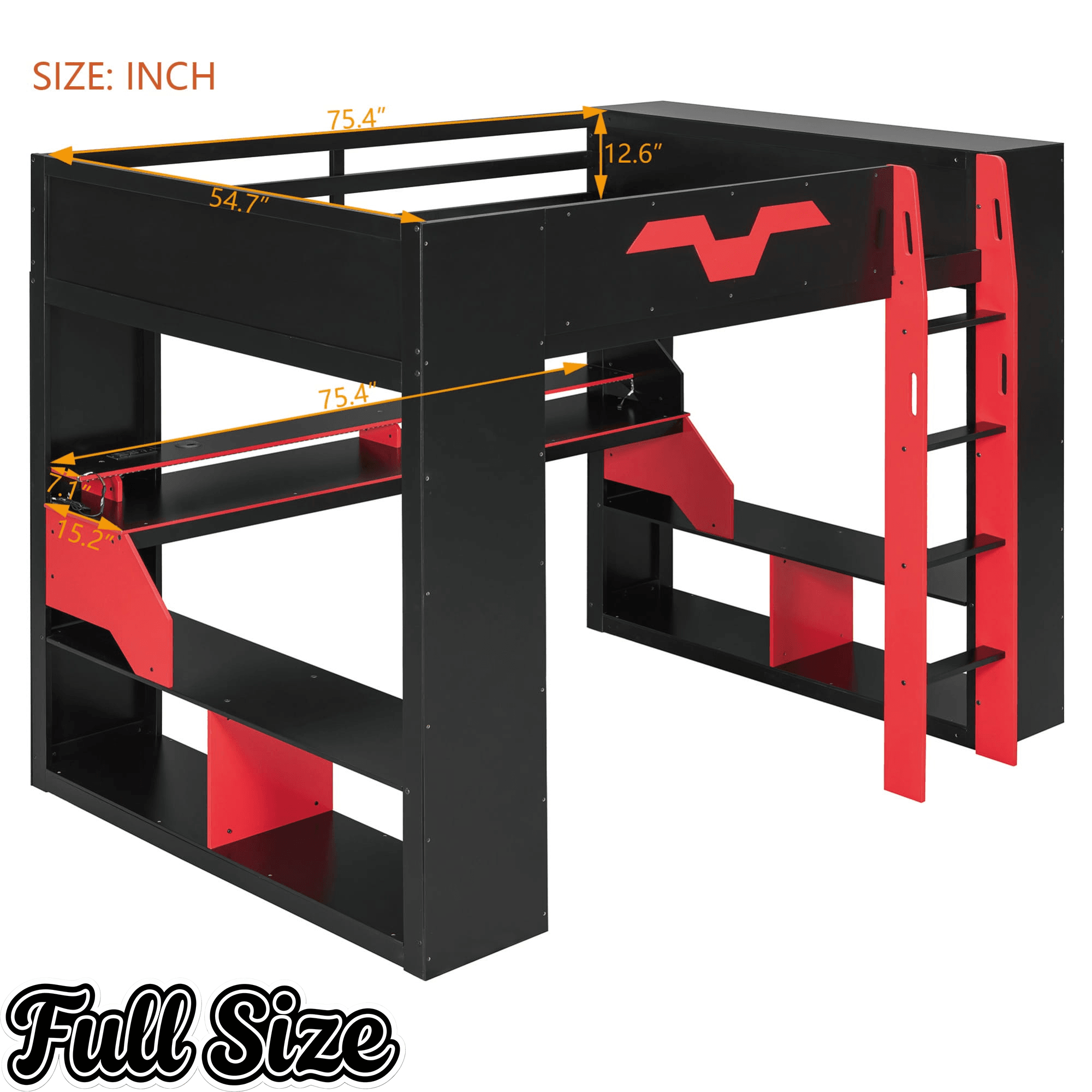 Bellemave® Full Size Loft Bed with Desk & Storage Shelves, Charging Station, RGB Lights & Cable Management, Space - Saving Wood Gaming Loft Bed, Noise - Free - Bellemave