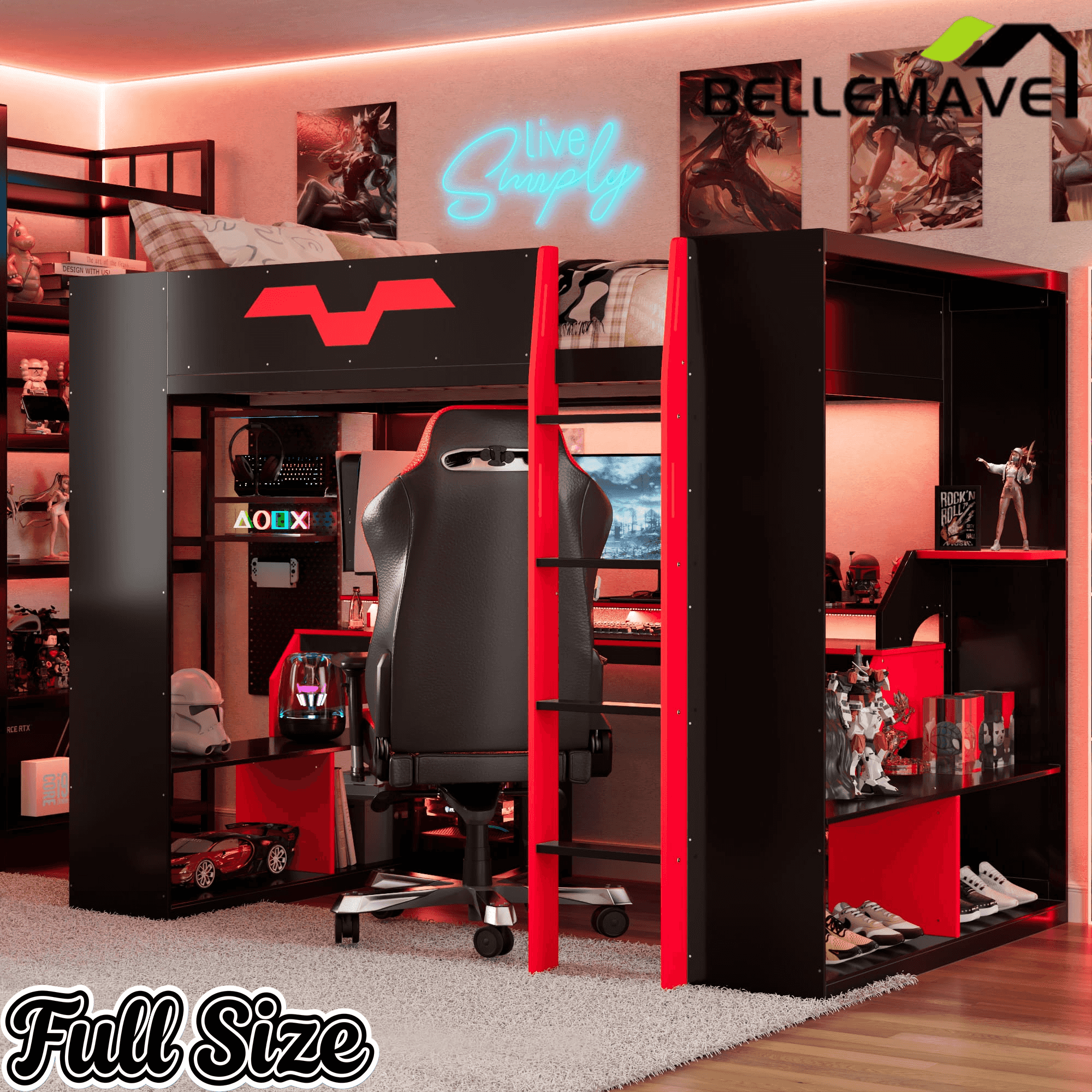 Bellemave® Full Size Loft Bed with Desk & Storage Shelves, Charging Station, RGB Lights & Cable Management, Space - Saving Wood Gaming Loft Bed, Noise - Free - Bellemave