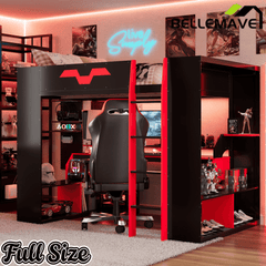 Bellemave® Full Size Loft Bed with Desk & Storage Shelves, Charging Station, RGB Lights & Cable Management, Space - Saving Wood Gaming Loft Bed, Noise - Free - Bellemave