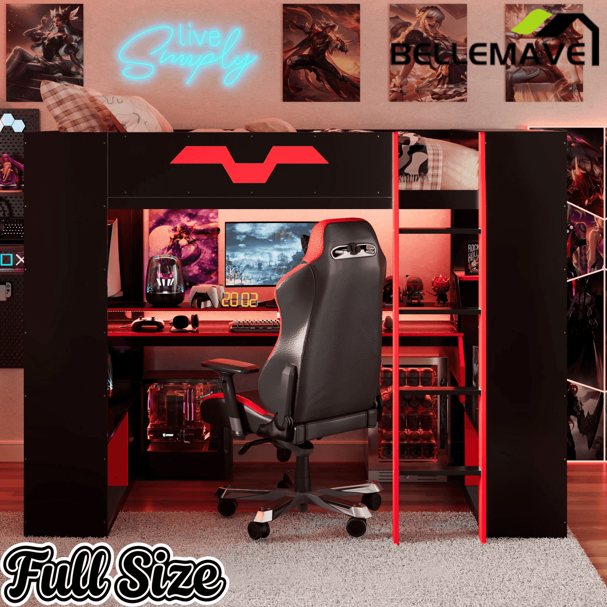 Bellemave® Full Size Loft Bed with Desk & Storage Shelves, Charging Station, RGB Lights & Cable Management, Space - Saving Wood Gaming Loft Bed, Noise - Free - Bellemave