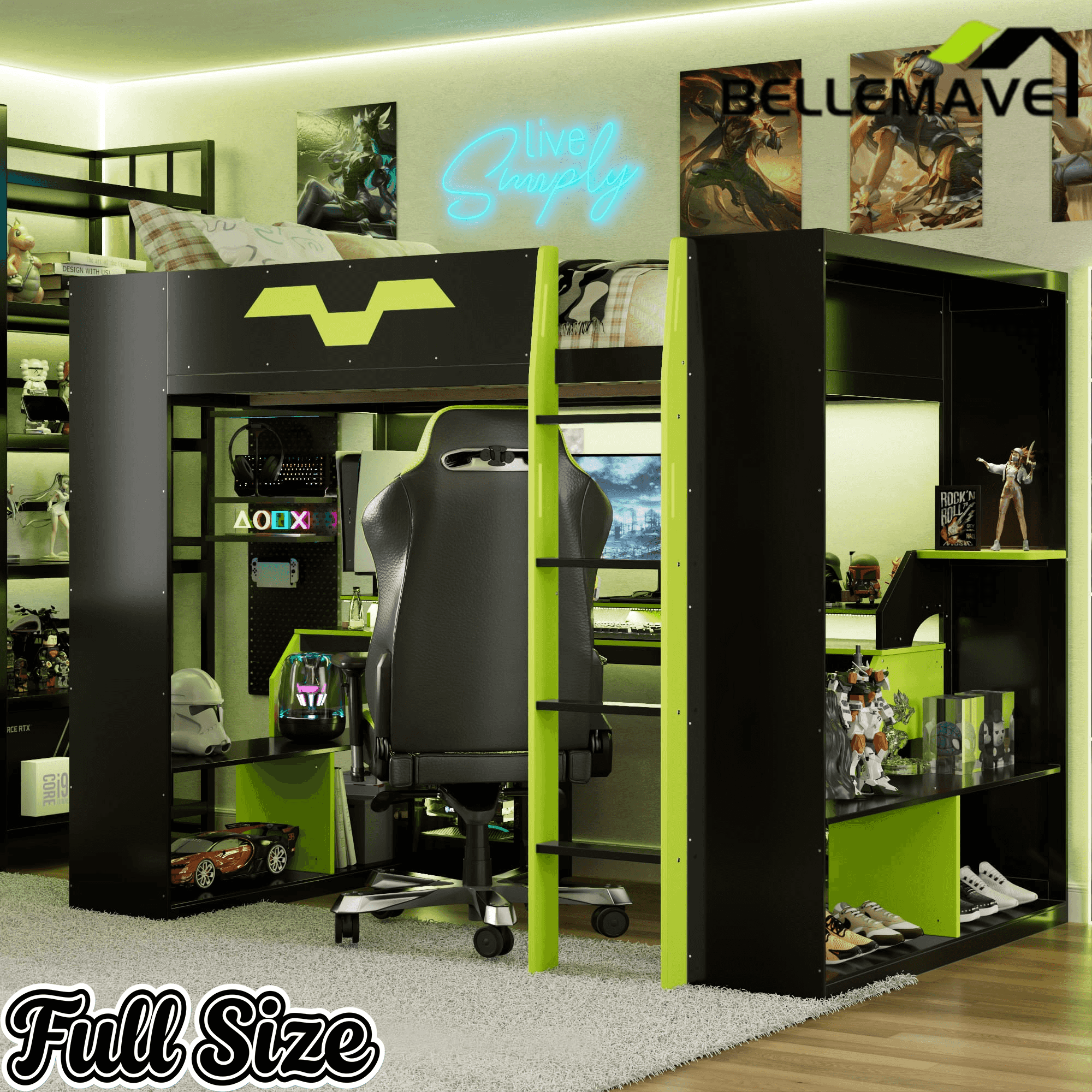 Bellemave® Full Size Loft Bed with Desk & Storage Shelves, Charging Station, RGB Lights & Cable Management, Space - Saving Wood Gaming Loft Bed, Noise - Free - Bellemave