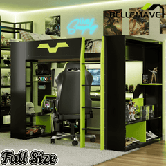 Bellemave® Full Size Loft Bed with Desk & Storage Shelves, Charging Station, RGB Lights & Cable Management, Space - Saving Wood Gaming Loft Bed, Noise - Free - Bellemave