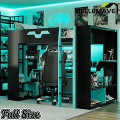Bellemave® Full Size Loft Bed with Desk & Storage Shelves, Charging Station, RGB Lights & Cable Management, Space - Saving Wood Gaming Loft Bed, Noise - Free - Bellemave