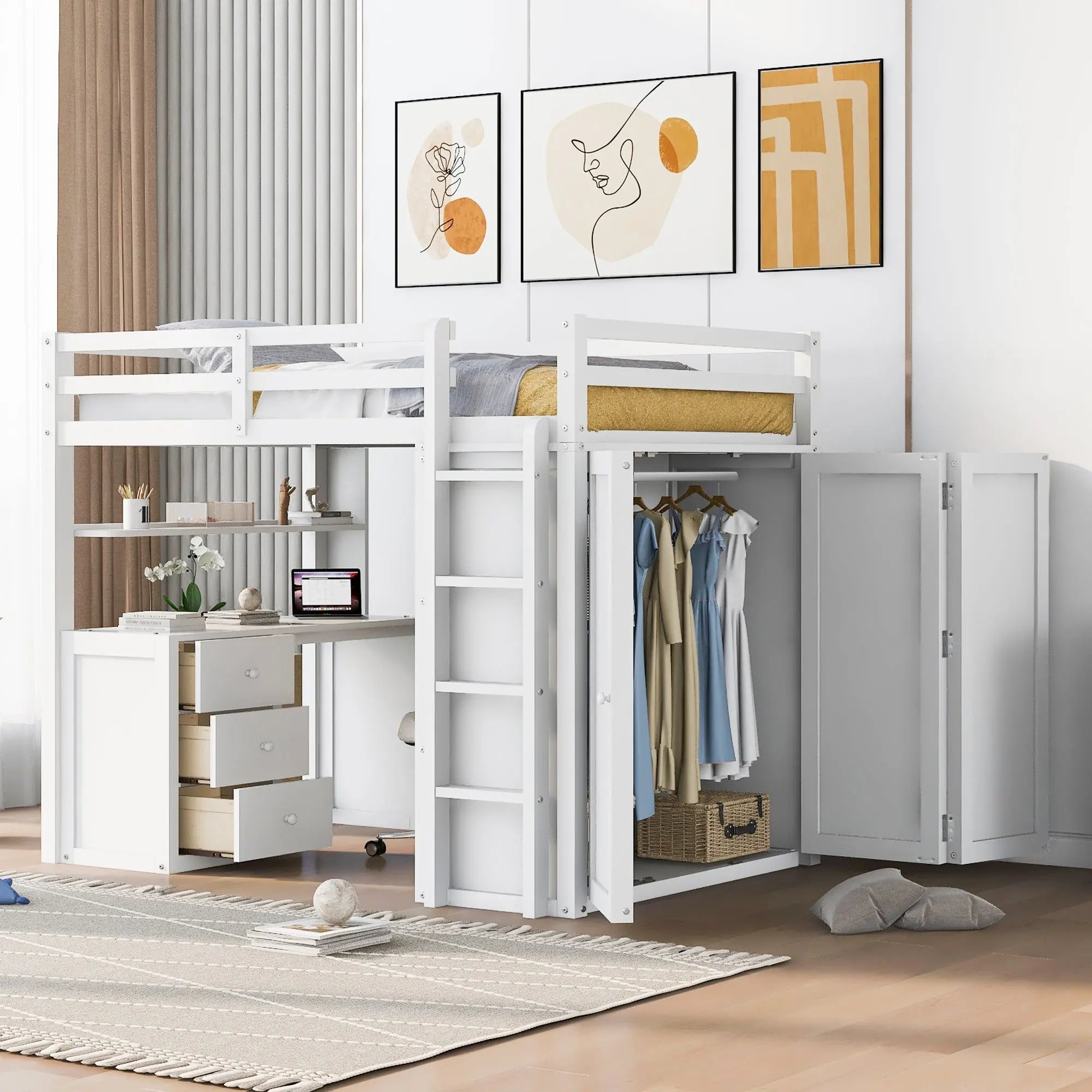 Bellemave® Full Size Loft Bed with Drawers,Desk and Wardrobe - Bellemave