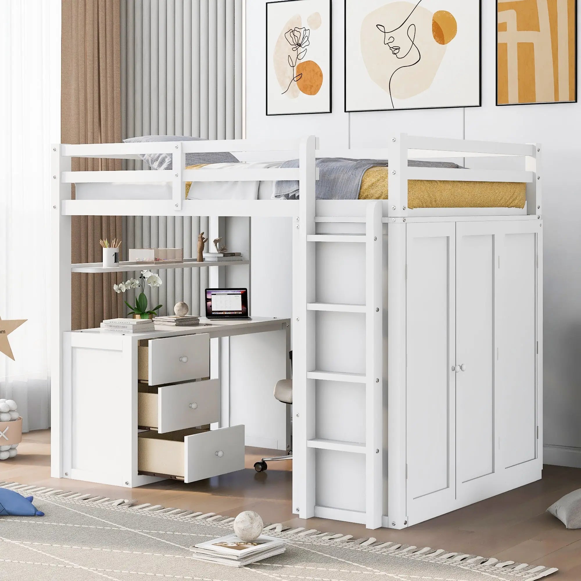 Bellemave® Full Size Loft Bed with Drawers,Desk and Wardrobe - Bellemave