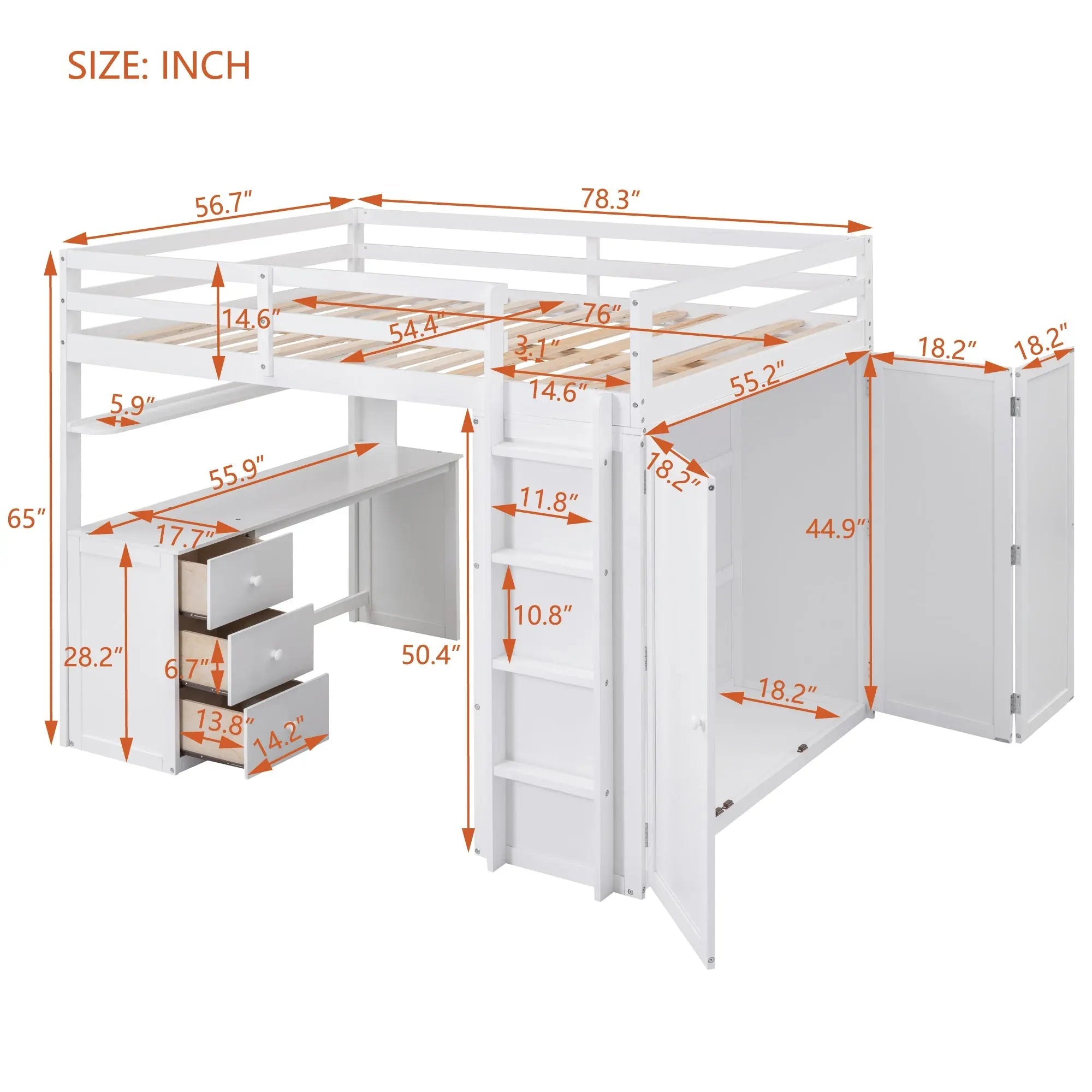 Bellemave® Full Size Loft Bed with Drawers,Desk and Wardrobe - Bellemave
