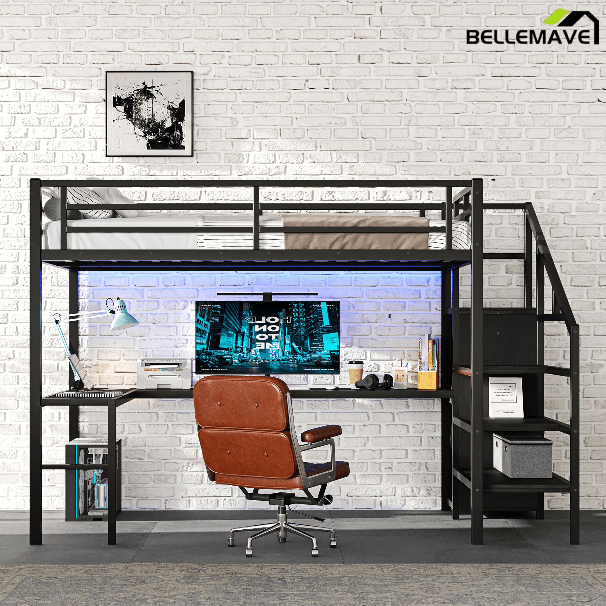 Bellemave® Full Size Loft Bed with L - Shaped Desk, Wardrobe & USB Ports - High Loft Metal Frame with LED Lights, Adjustable Shelf for Teens, Adults, Black - Bellemave