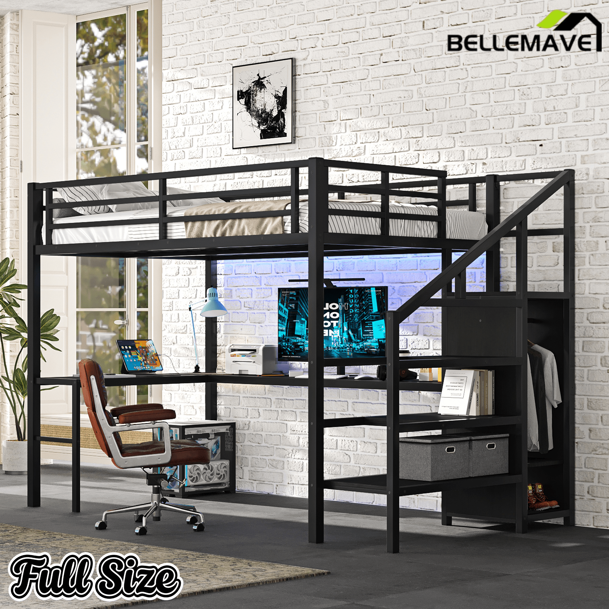 Bellemave® Full Size Loft Bed with L - Shaped Desk, Wardrobe & USB Ports - High Loft Metal Frame with LED Lights, Adjustable Shelf for Teens, Adults, Black - Bellemave