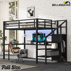 Bellemave® Full Size Loft Bed with L - Shaped Desk, Wardrobe & USB Ports - High Loft Metal Frame with LED Lights, Adjustable Shelf for Teens, Adults, Black - Bellemave