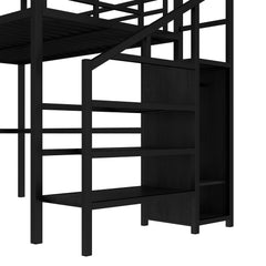 Bellemave® Full Size Loft Bed with L - Shaped Desk, Wardrobe & USB Ports - High Loft Metal Frame with LED Lights, Adjustable Shelf for Teens, Adults, Black - Bellemave