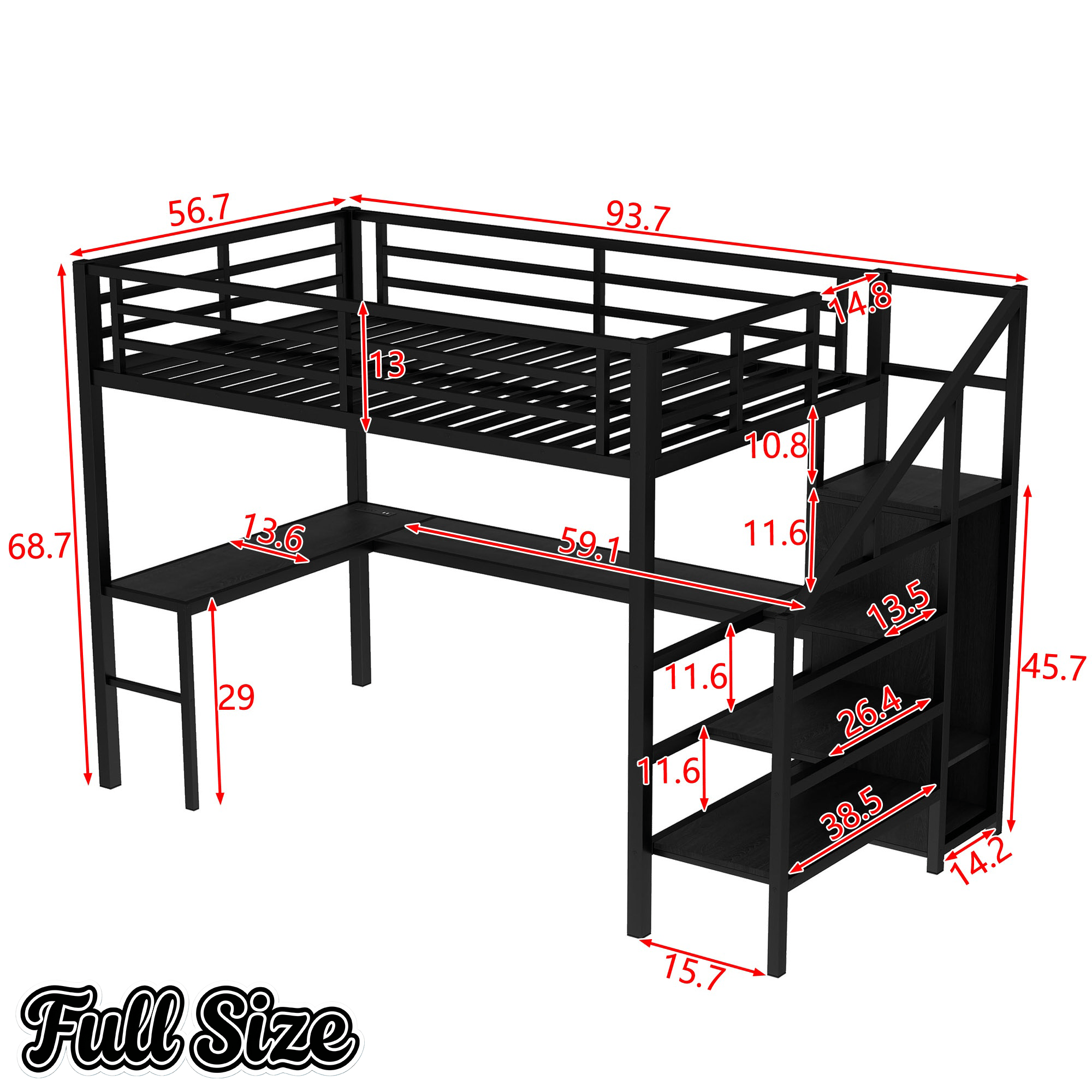 Bellemave® Full Size Loft Bed with L - Shaped Desk, Wardrobe & USB Ports - High Loft Metal Frame with LED Lights, Adjustable Shelf for Teens, Adults, Black - Bellemave