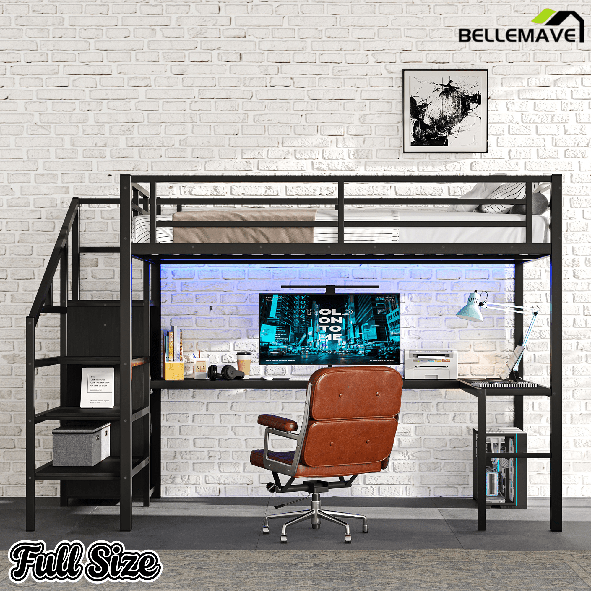 Bellemave® Full Size Loft Bed with L - Shaped Desk, Wardrobe & USB Ports - High Loft Metal Frame with LED Lights, Adjustable Shelf for Teens, Adults, Black - Bellemave