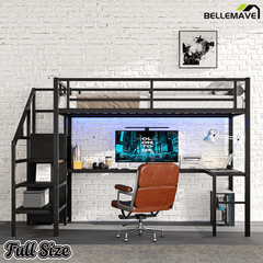 Bellemave® Full Size Loft Bed with L - Shaped Desk, Wardrobe & USB Ports - High Loft Metal Frame with LED Lights, Adjustable Shelf for Teens, Adults, Black - Bellemave