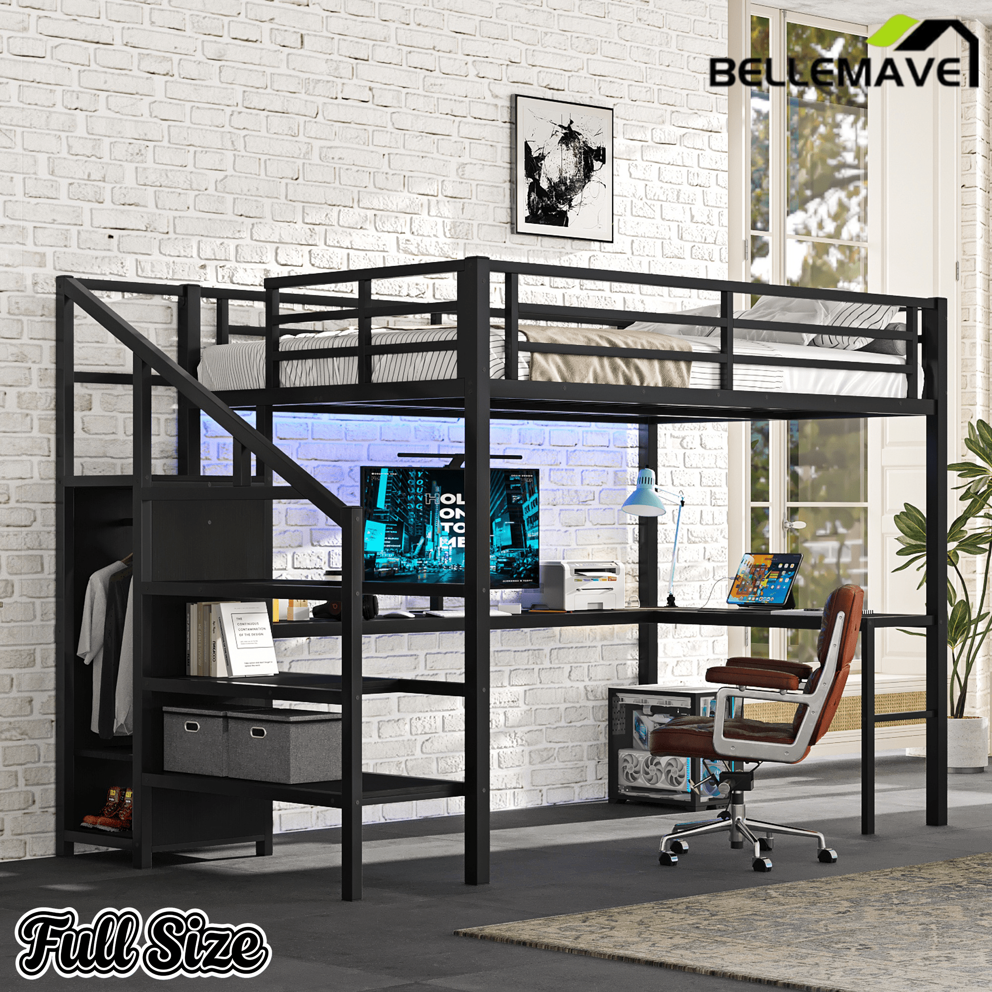 Bellemave® Full Size Loft Bed with L - Shaped Desk, Wardrobe & USB Ports - High Loft Metal Frame with LED Lights, Adjustable Shelf for Teens, Adults, Black - Bellemave