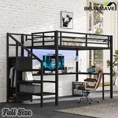 Bellemave® Full Size Loft Bed with L - Shaped Desk, Wardrobe & USB Ports - High Loft Metal Frame with LED Lights, Adjustable Shelf for Teens, Adults, Black - Bellemave