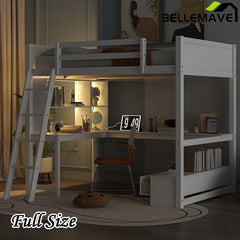 Bellemave® Full Size Loft Bed with L - shaped Multi - storage Desk, LED light and USB Charging Station, Storage Bench with 2 Drawers - Bellemave