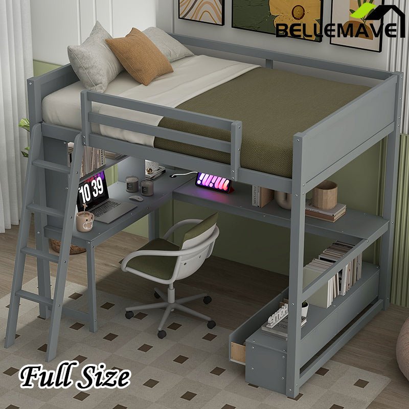 Bellemave® Full Size Loft Bed with L - shaped Multi - storage Desk, LED light and USB Charging Station, Storage Bench with 2 Drawers - Bellemave