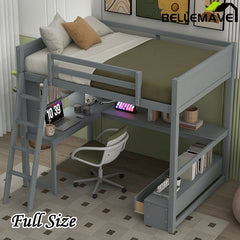 Bellemave® Full Size Loft Bed with L - shaped Multi - storage Desk, LED light and USB Charging Station, Storage Bench with 2 Drawers - Bellemave