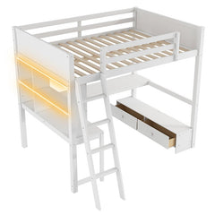 Bellemave® Full Size Loft Bed with L - shaped Multi - storage Desk, LED light and USB Charging Station, Storage Bench with 2 Drawers - Bellemave