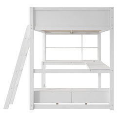 Bellemave® Full Size Loft Bed with L - shaped Multi - storage Desk, LED light and USB Charging Station, Storage Bench with 2 Drawers - Bellemave