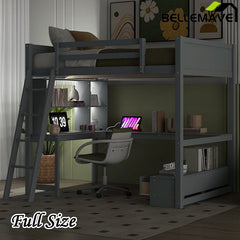 Bellemave® Full Size Loft Bed with L - shaped Multi - storage Desk, LED light and USB Charging Station, Storage Bench with 2 Drawers - Bellemave