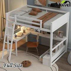 Bellemave® Full Size Loft Bed with L - shaped Multi - storage Desk, LED light and USB Charging Station, Storage Bench with 2 Drawers - Bellemave