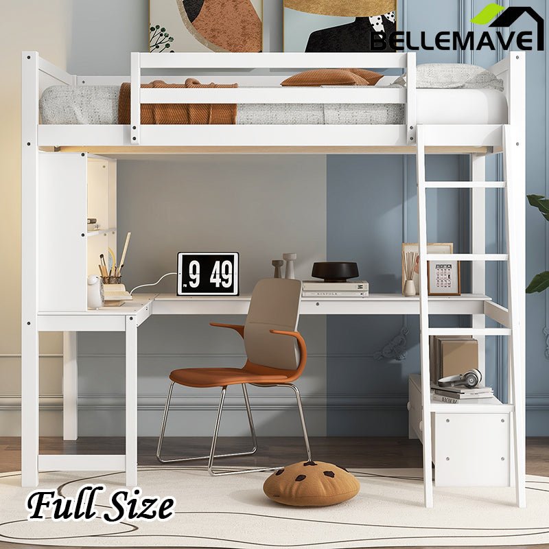 Bellemave® Full Size Loft Bed with L - shaped Multi - storage Desk, LED light and USB Charging Station, Storage Bench with 2 Drawers - Bellemave