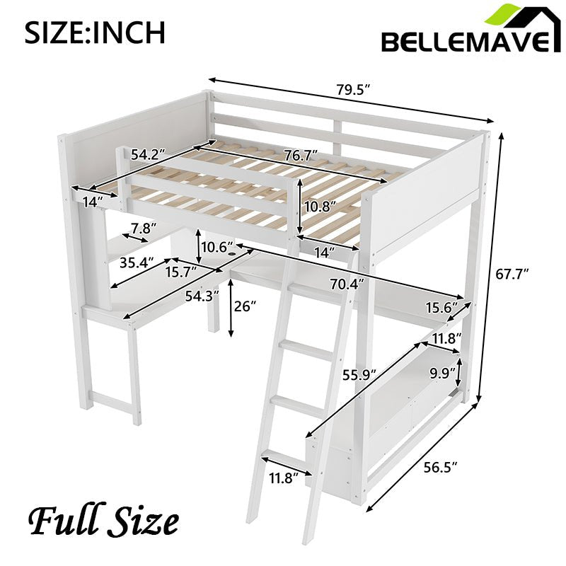 Bellemave® Full Size Loft Bed with L - shaped Multi - storage Desk, LED light and USB Charging Station, Storage Bench with 2 Drawers - Bellemave