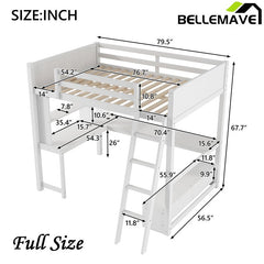 Bellemave® Full Size Loft Bed with L - shaped Multi - storage Desk, LED light and USB Charging Station, Storage Bench with 2 Drawers - Bellemave