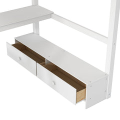 Bellemave® Full Size Loft Bed with L - shaped Multi - storage Desk, LED light and USB Charging Station, Storage Bench with 2 Drawers - Bellemave