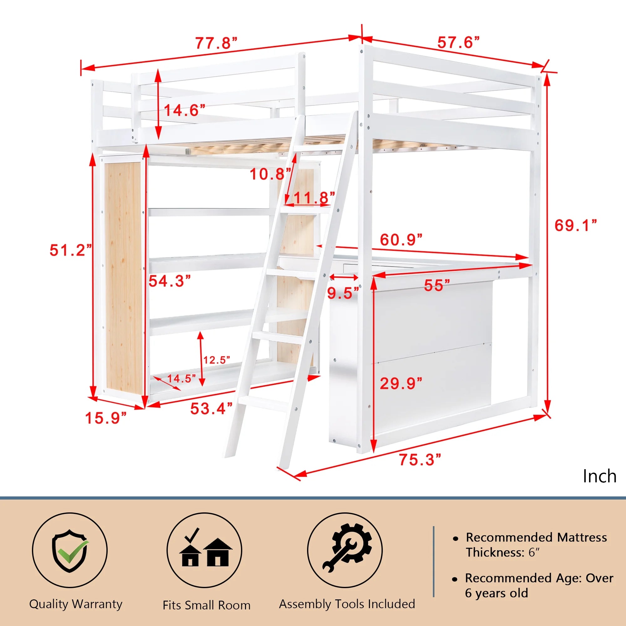 Bellemave® Full Size Loft Bed with Ladder, Shelves and Desk - Bellemave