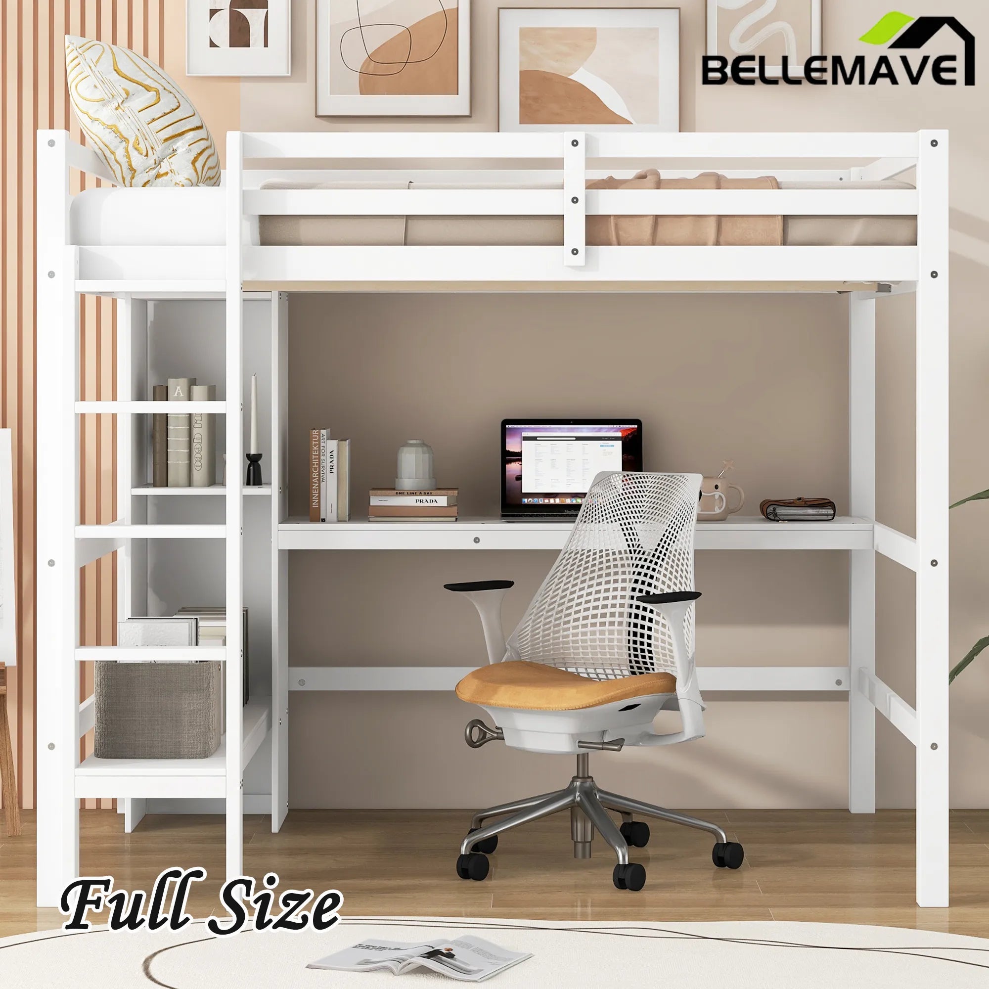 Bellemave® Full Size Loft Bed with Multifunction Shelves and Under - bed Desk - Bellemave