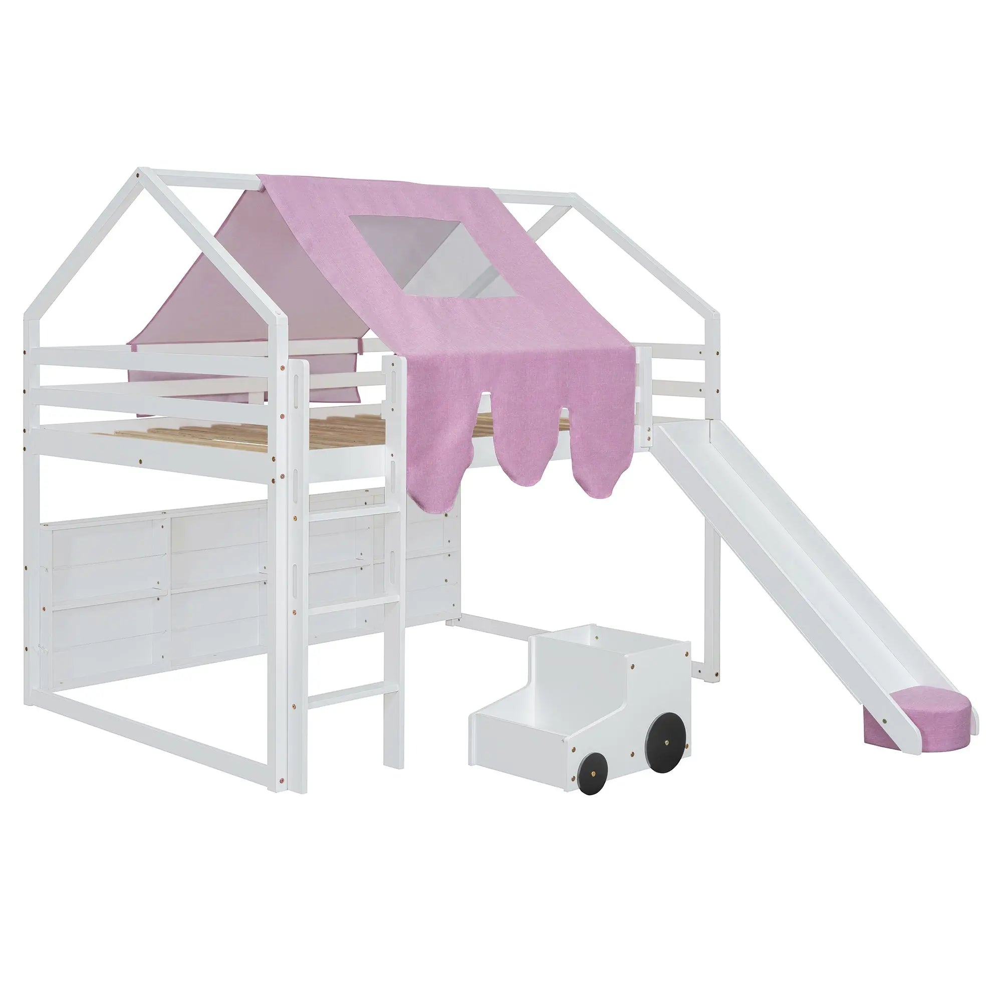 Bellemave® Full Size Loft Bed with Play House Shape, Loft Bed Frame with a Tent, Slide and a Ladder,Wooden Loft Bed House - Shaped Frame for Kids, Boys, Girls and Teens. (Natural+Beige) - Bellemave