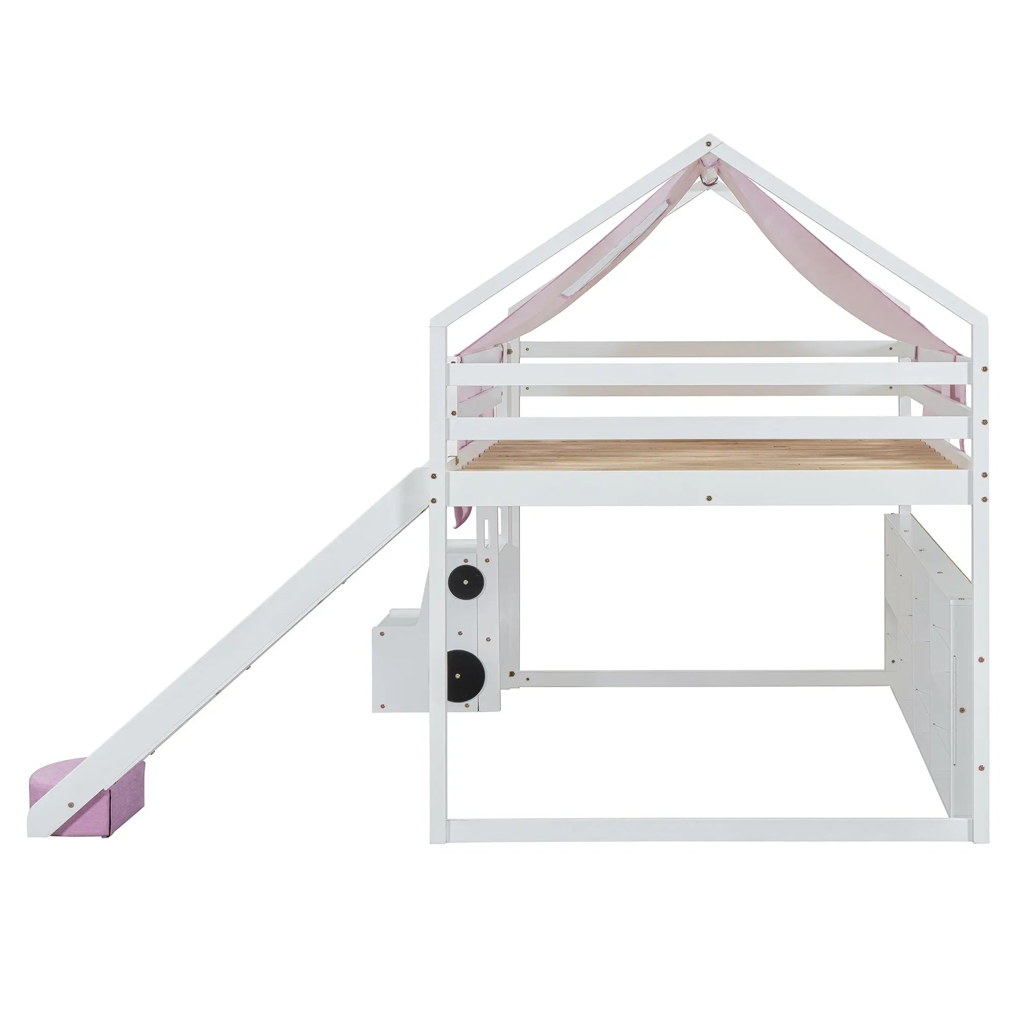 Bellemave® Full Size Loft Bed with Play House Shape, Loft Bed Frame with a Tent, Slide and a Ladder,Wooden Loft Bed House - Shaped Frame for Kids, Boys, Girls and Teens. (Natural+Beige) - Bellemave