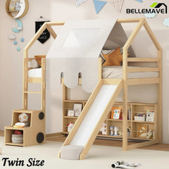Bellemave® Full Size Loft Bed with Play House Shape, Loft Bed Frame with a Tent, Slide and a Ladder,Wooden Loft Bed House - Shaped Frame for Kids, Boys, Girls and Teens. (Natural+Beige) - Bellemave