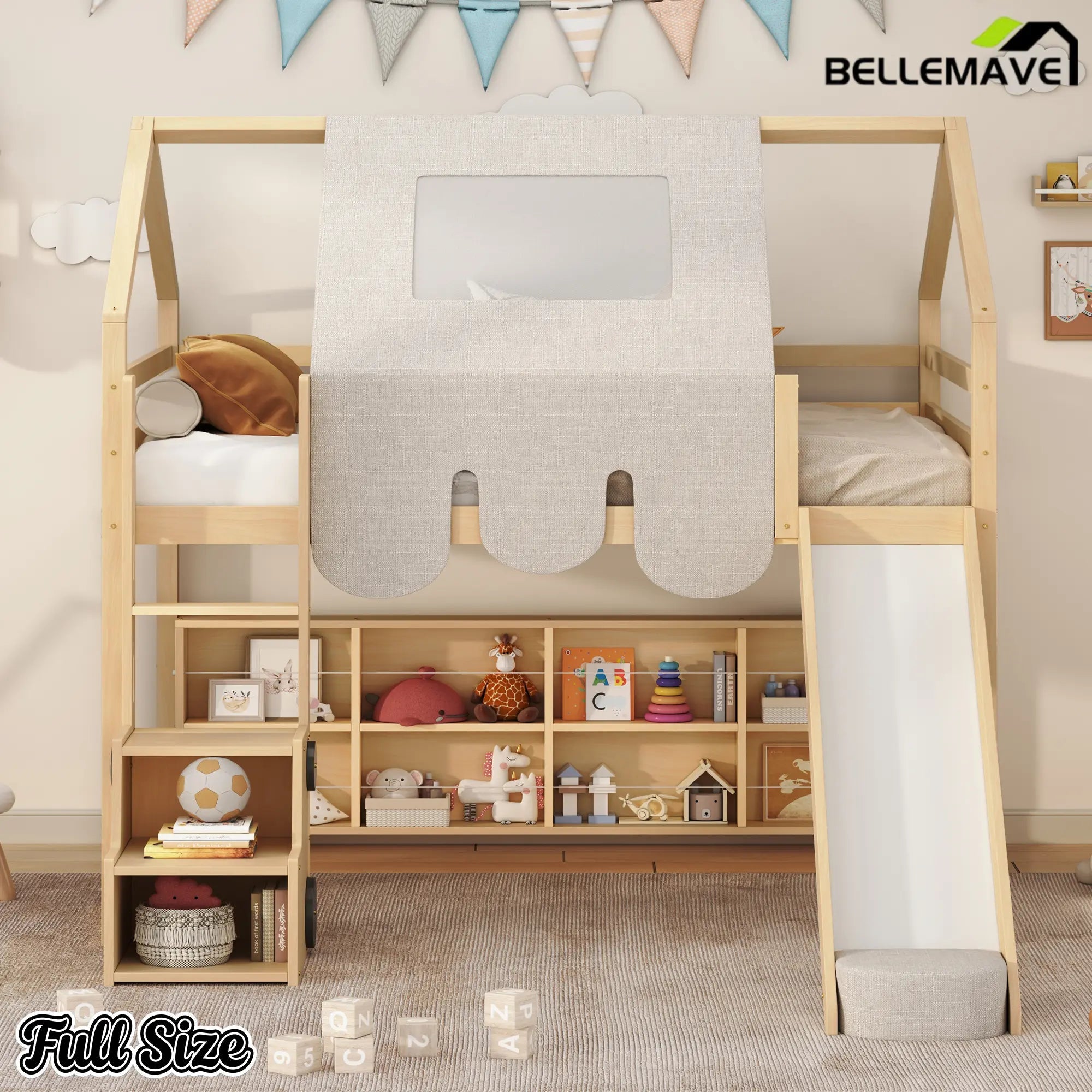 Bellemave® Full Size Loft Bed with Play House Shape, Loft Bed Frame with a Tent, Slide and a Ladder,Wooden Loft Bed House - Shaped Frame for Kids, Boys, Girls and Teens. (Natural+Beige) - Bellemave
