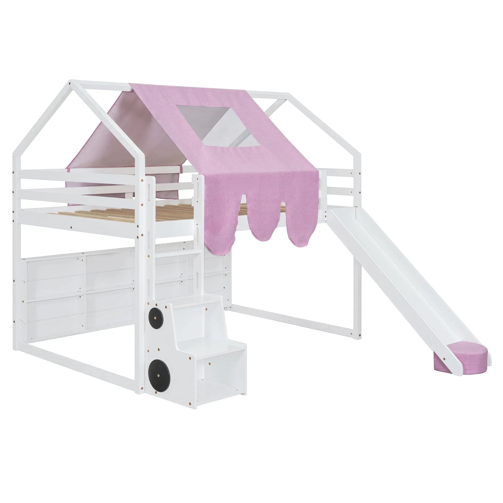 Bellemave® Full Size Loft Bed with Play House Shape, Loft Bed Frame with a Tent, Slide and a Ladder,Wooden Loft Bed House - Shaped Frame for Kids, Boys, Girls and Teens. (Natural+Beige) - Bellemave