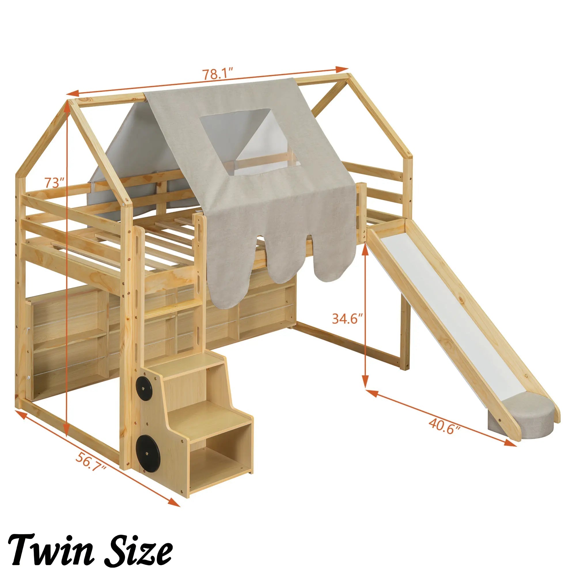 Bellemave® Full Size Loft Bed with Play House Shape, Loft Bed Frame with a Tent, Slide and a Ladder,Wooden Loft Bed House - Shaped Frame for Kids, Boys, Girls and Teens. (Natural+Beige) - Bellemave